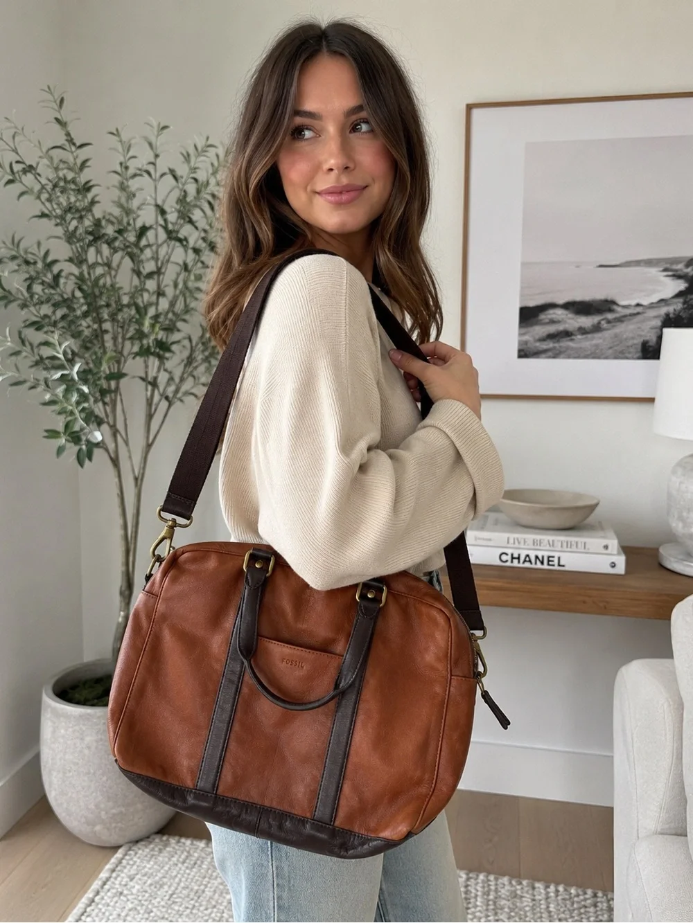 Fossil Brown Leather Messenger/Briefcase Laptop Bag – Genuine Leather